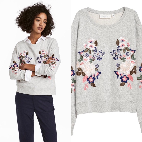 H&M Tops - H&M gray floral embroidery sweatshirt top size XS